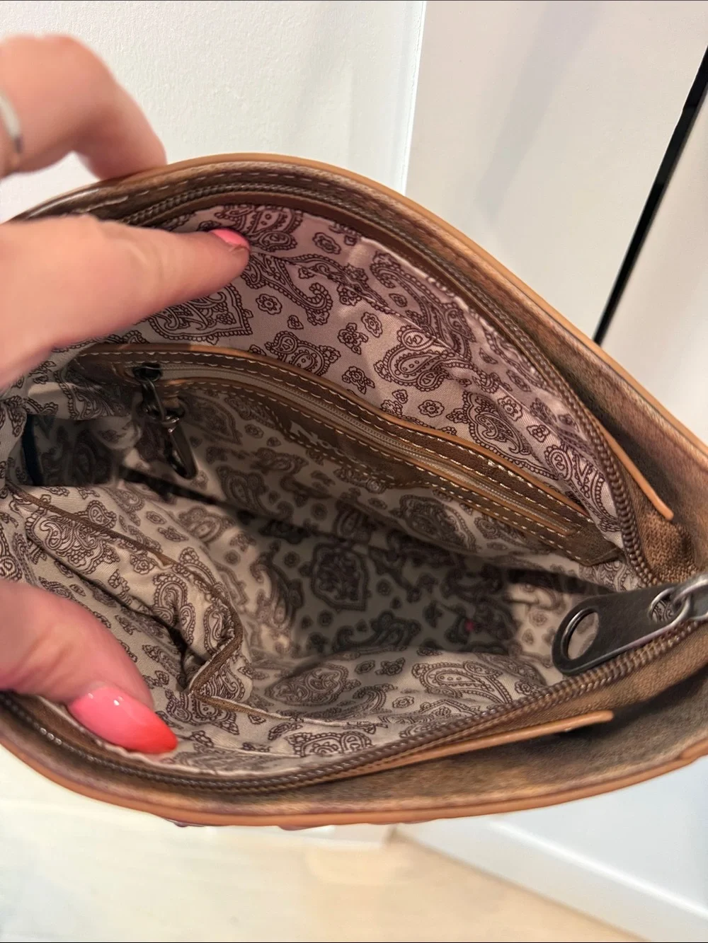Cowhide Crossbody Bag with Patterned Strap - Brown/White